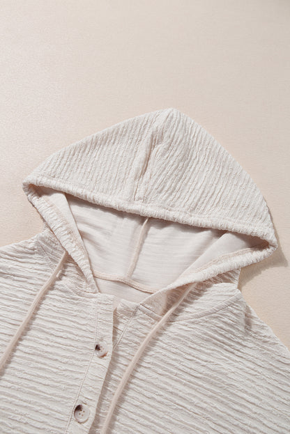 Apricot Solid Color Textured Drawstring Henley Hoodie