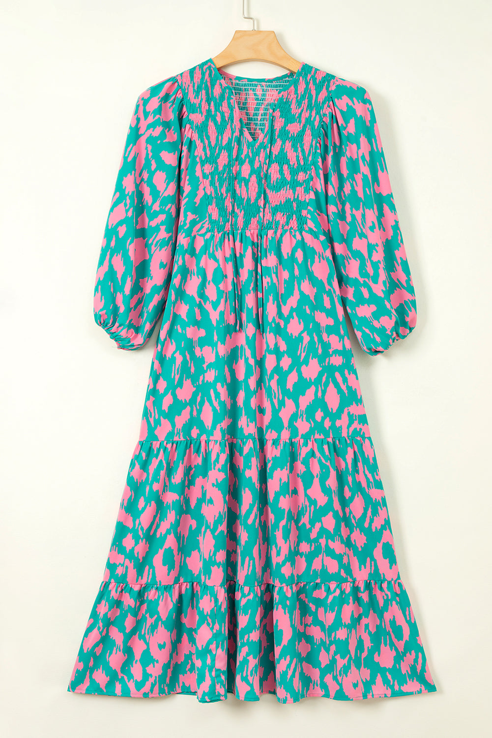 Abstract Print Puff Sleeve Smocked V Neck Maxi Dress