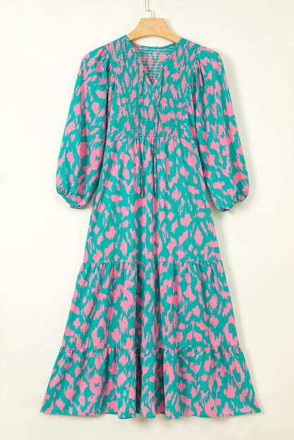 Abstract Print Puff Sleeve Smocked V Neck Maxi Dress