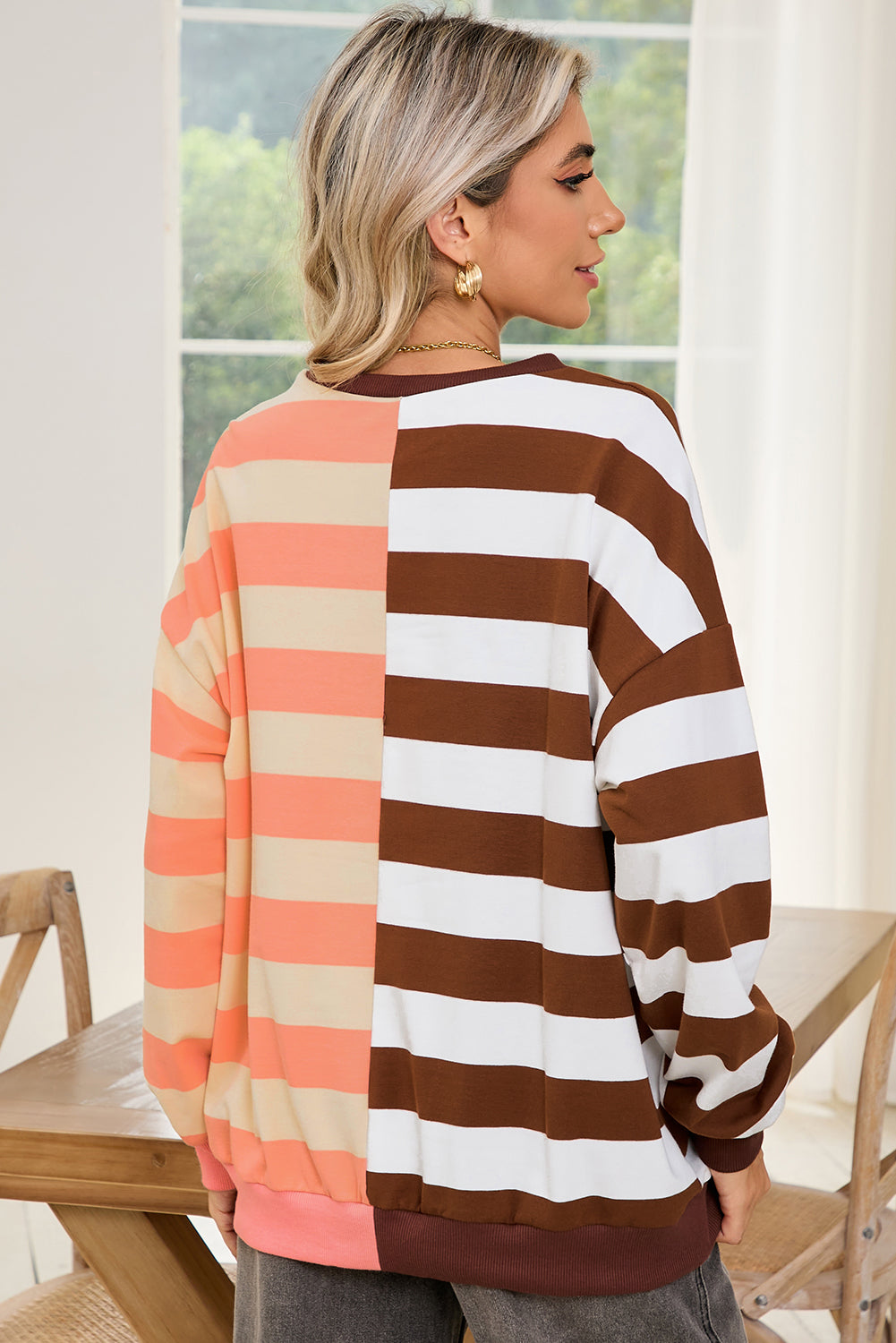 Brown Stripe Color Block Drop Shoulder Pullover Sweatshirt