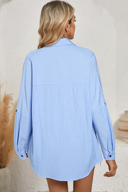 Sky Blue Stripe Roll Tab Sleeve Pocketed Tunic Shirt