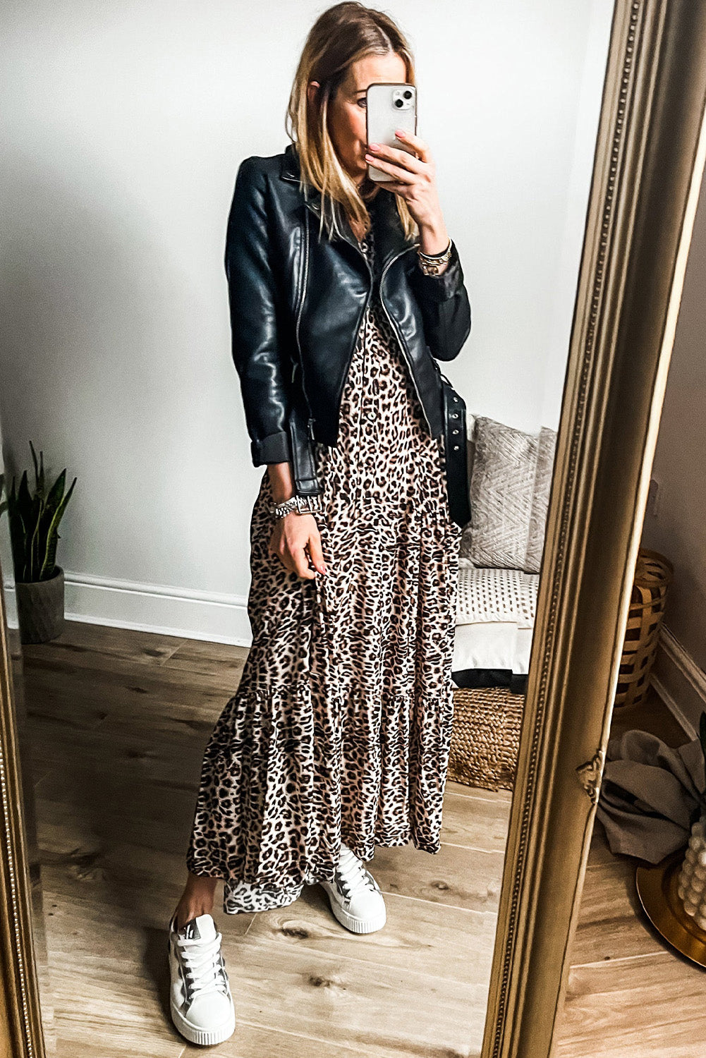 Leopard Print Tiered Wide Sleeve Maxi Dress