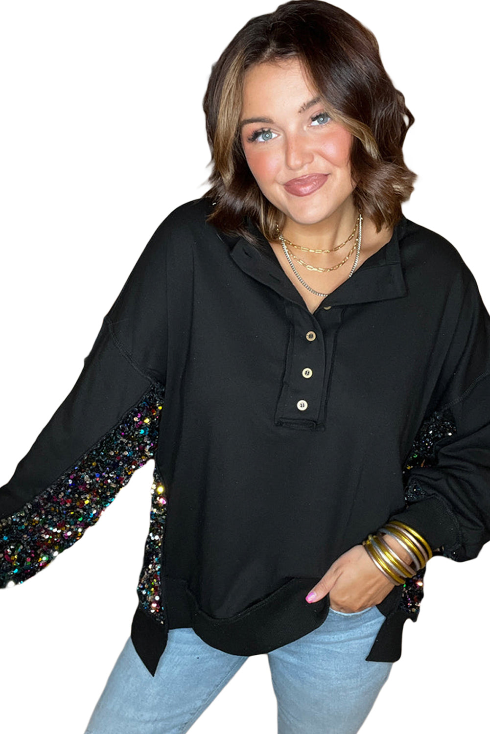 Sequin Patchwork Henley Sweatshirt