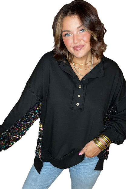 Sequin Patchwork Henley Sweatshirt