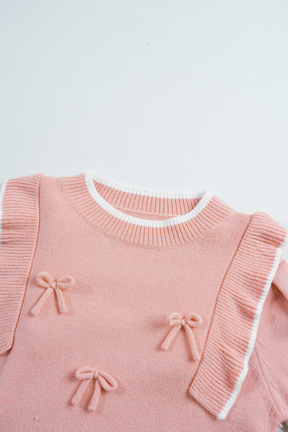 Light Pink Bow Detail Contrast Trim Ruffle Sweater