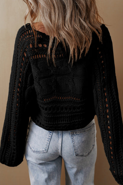 Smoke Gray Hollow Out Cable Knit Cropped Sweater