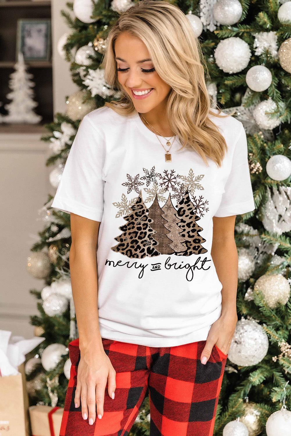 Leopard Christmas Tree Casual Crew Neck Graphic Tee