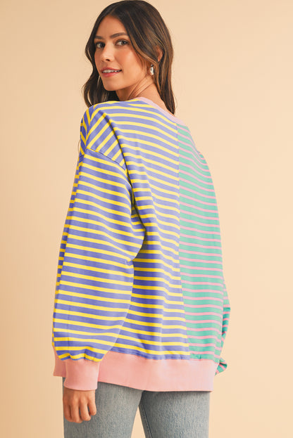 Sky Blue Stripe Colorblock Drop Shoulder Oversize Sweatshirt