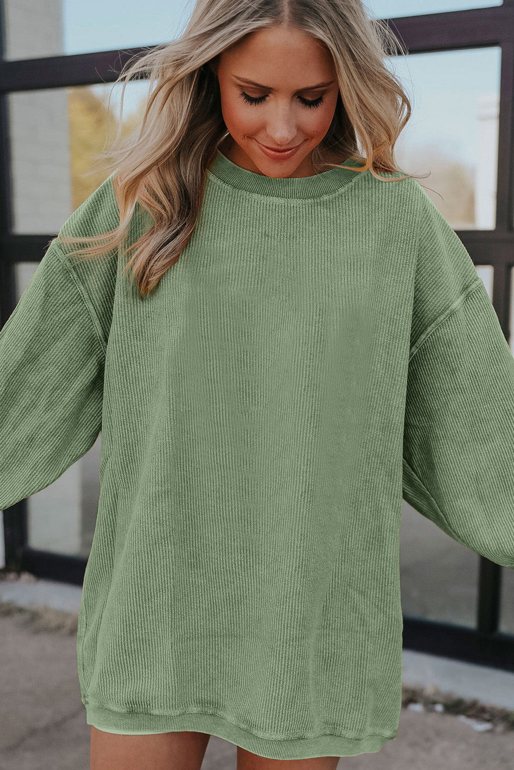 Plain Drop Sleeve Crinkle Rib Oversized Sweatshirt