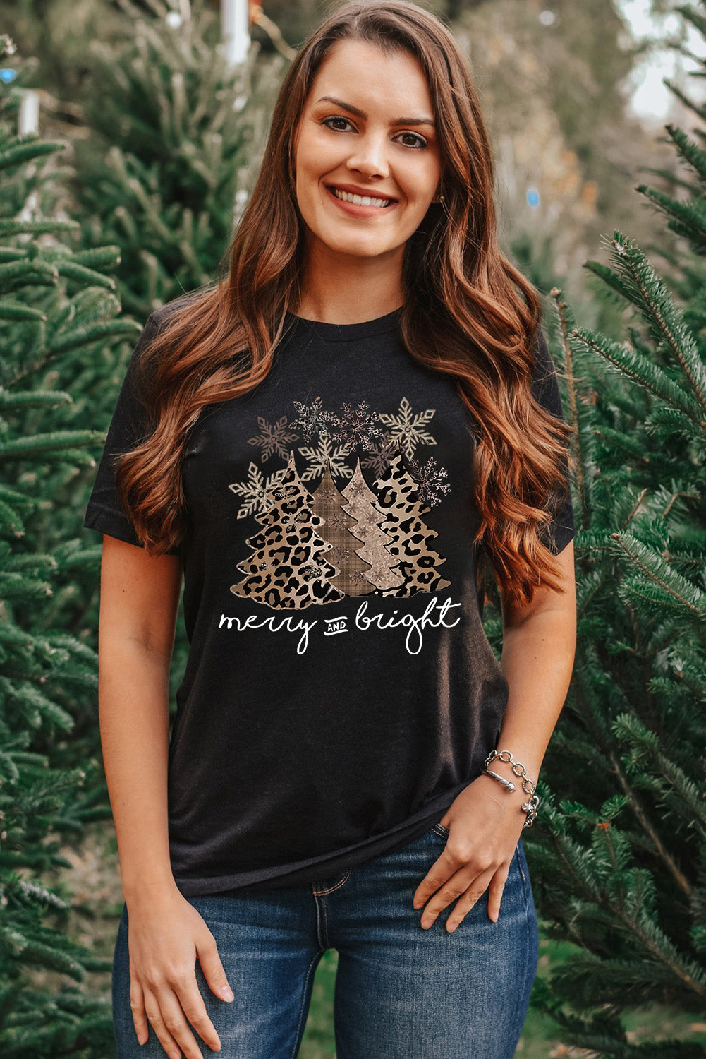 Leopard Christmas Tree Casual Crew Neck Graphic Tee