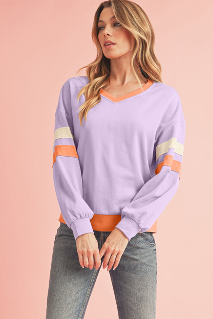 Orchid Rib Patchwork Drop Shoulder V Neck Sweatshirt