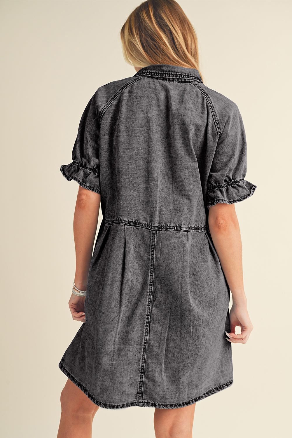 Medium Grey Mineral Washed Ruffled Short Sleeve Pocketed Denim Dress