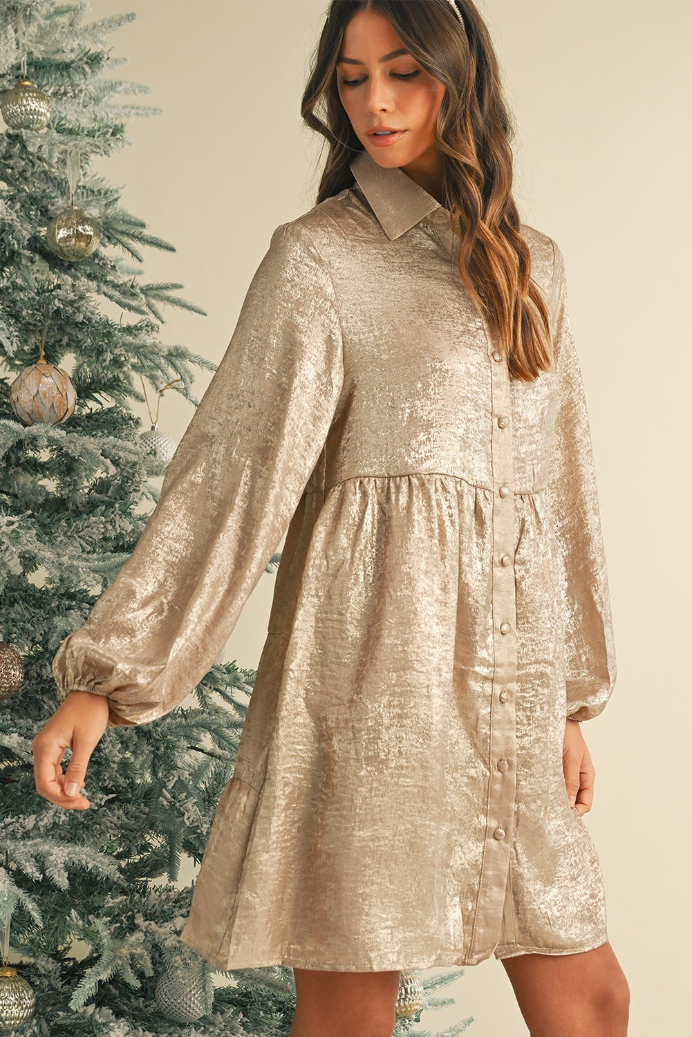 Metallic Sheen Puff Sleeve Button Up Mini Shirt Dress