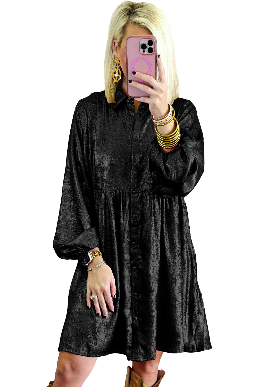 Metallic Sheen Puff Sleeve Button Up Mini Shirt Dress