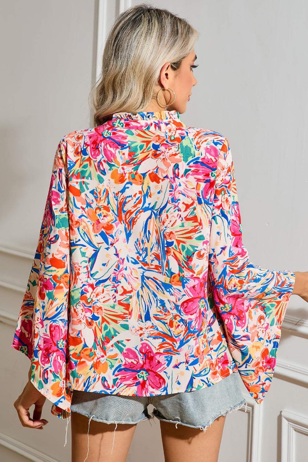 Multicolour Flower Print V Neck Bell Sleeve Blouse