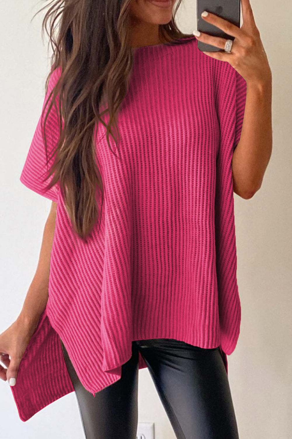 Side Slit Short Sleeve Oversized Sweater