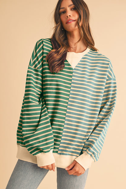 Sky Blue Stripe Colorblock Drop Shoulder Oversize Sweatshirt