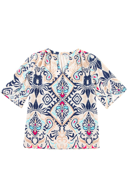 White Abstract Print V-Neck Half Tulip Sleeve Blouse