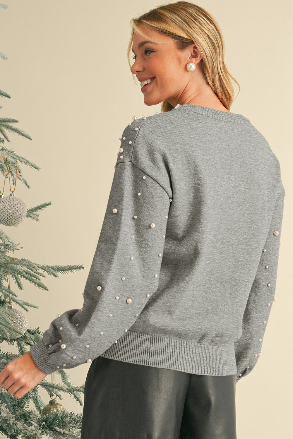 Smoke Gray Pearl Drop Shoulder Round Neck Sweater