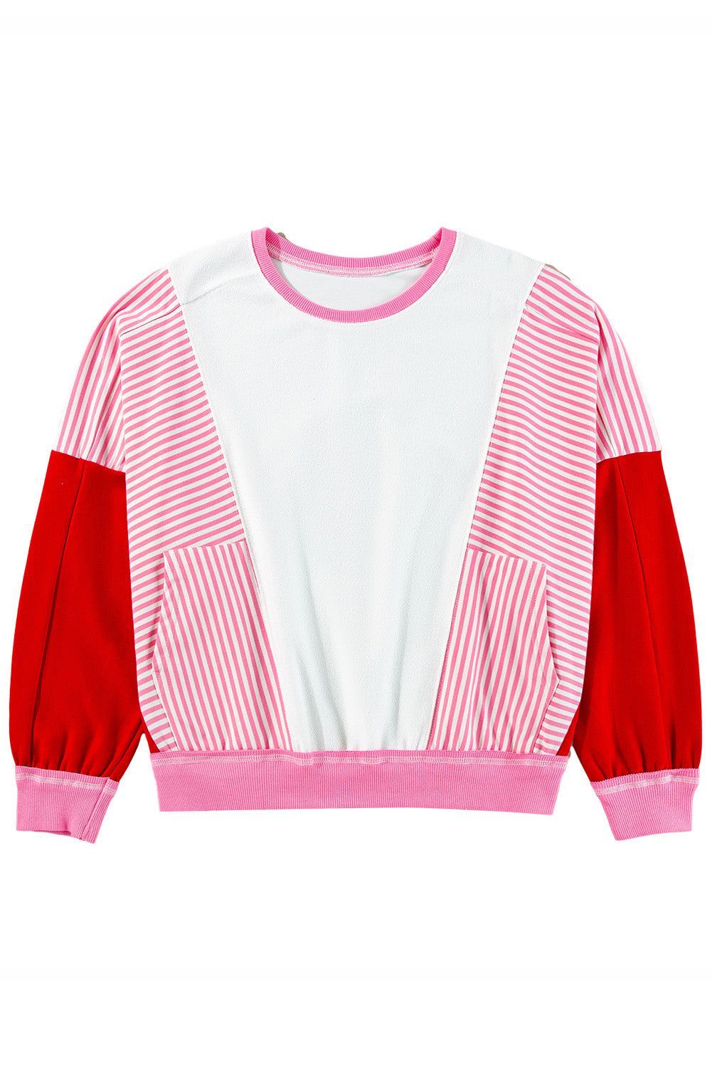 Rose Red Striped Patchwork Side Pocket Loose Sweatshirt