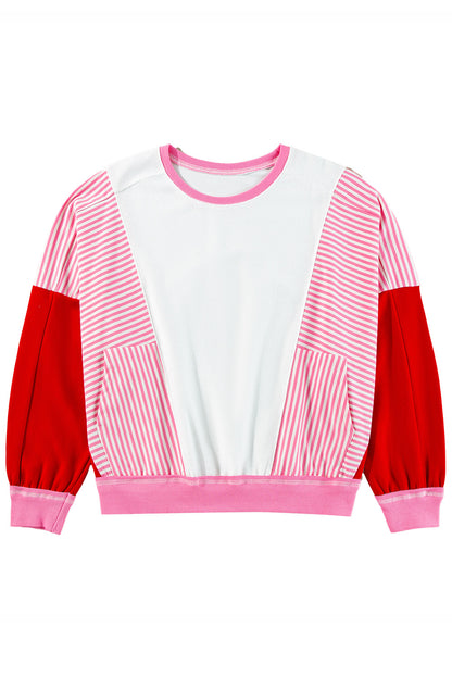 Rose Red Striped Patchwork Side Pocket Loose Sweatshirt