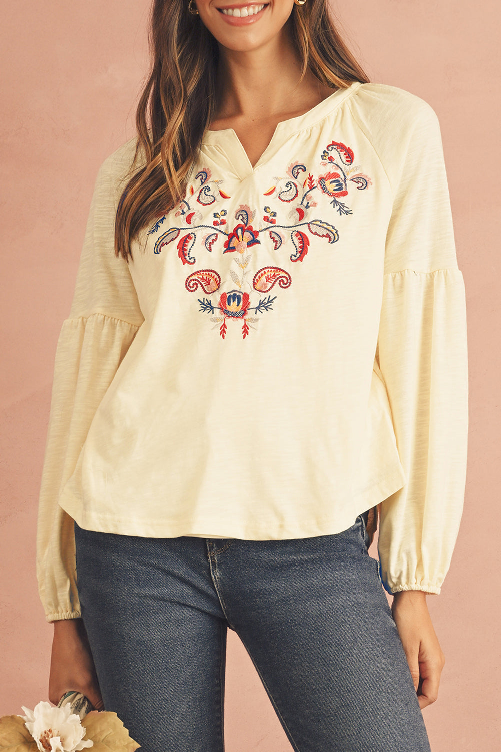 Apricot Paisley Floral Embroidered Notch V Neck Blouse