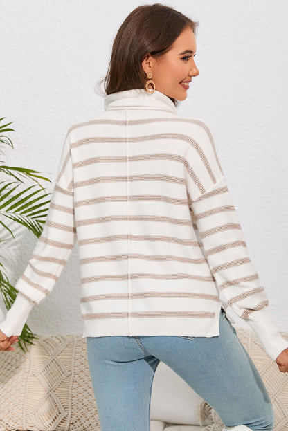 Double Take Cowl Neck Drawstring Dropped Shoulder Striped Print Blouse