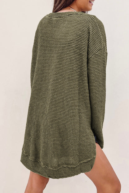 Green Waffle Knit Drop Sleeve High Slits Oversized Top