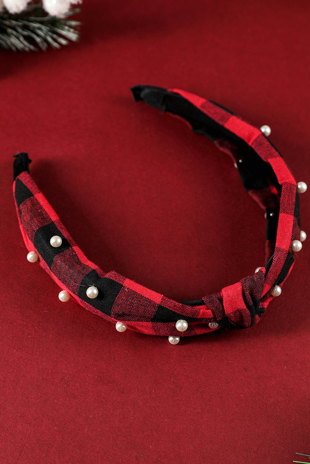 Red Dahlia Plaid Knotted Pearl Headband