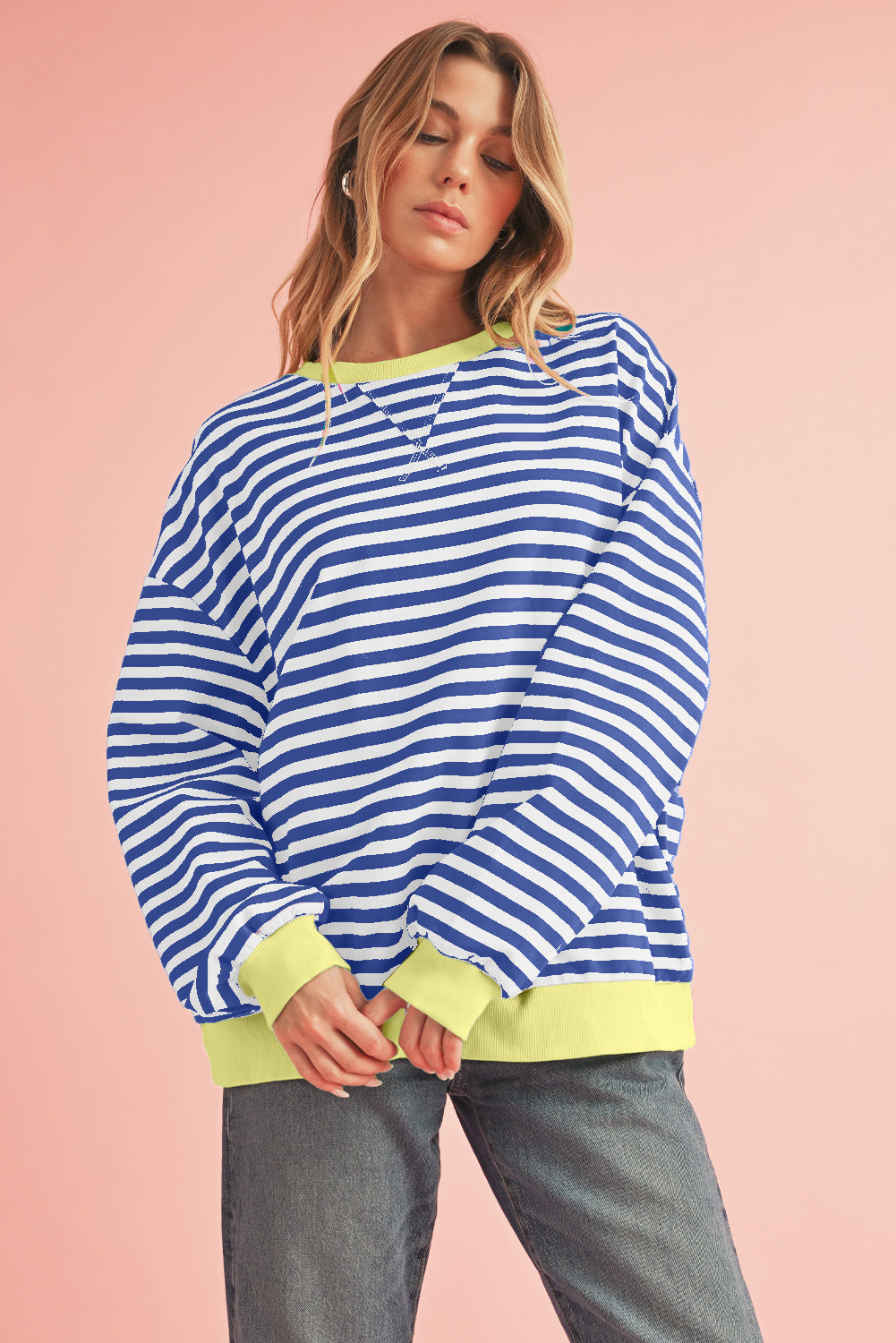 Green Stripe Contrast Edge Oversized Sweatshirt