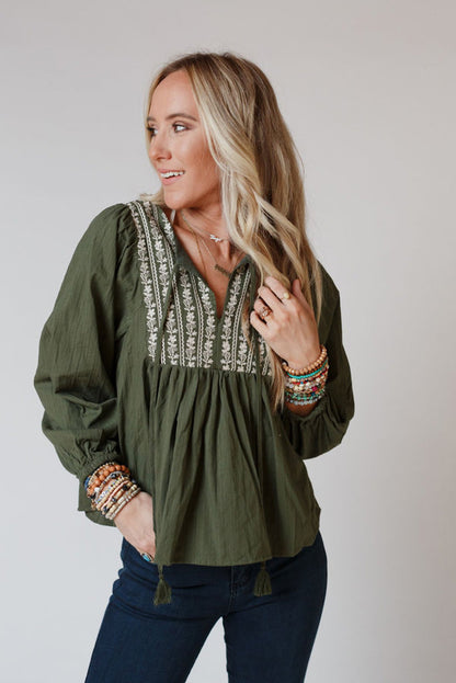 Green Embroidered Split Neck Pleated Loose Blouse