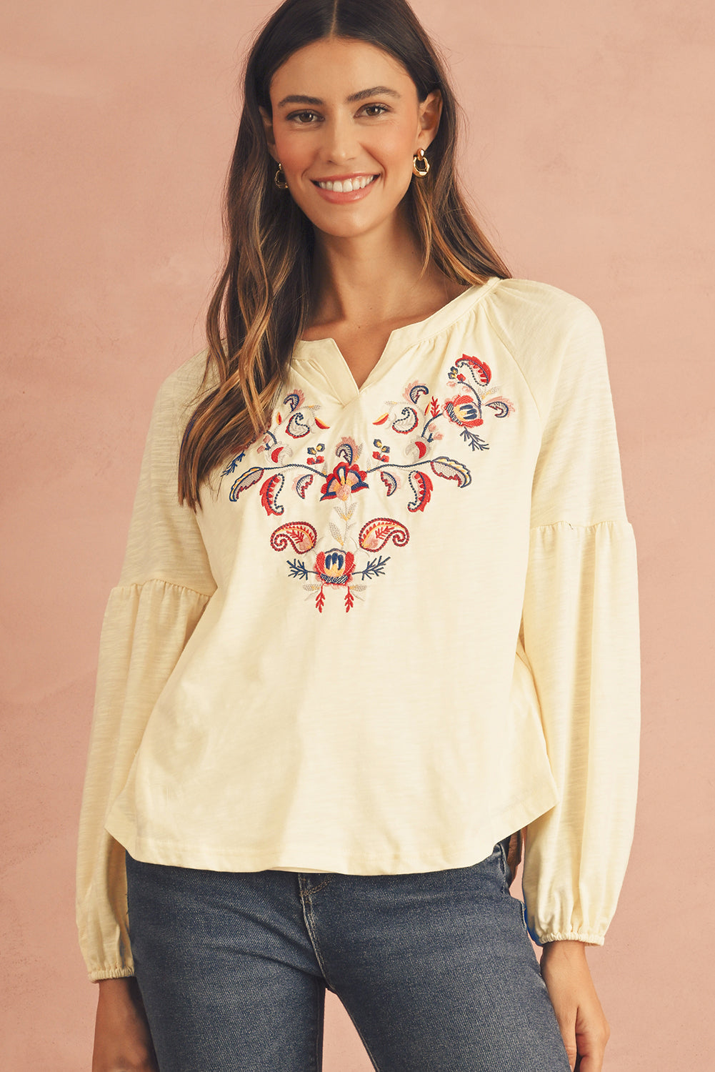 Apricot Paisley Floral Embroidered Notch V Neck Blouse