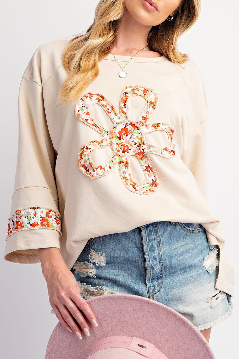 Flower Exposed Seam Patchwork Loose Top