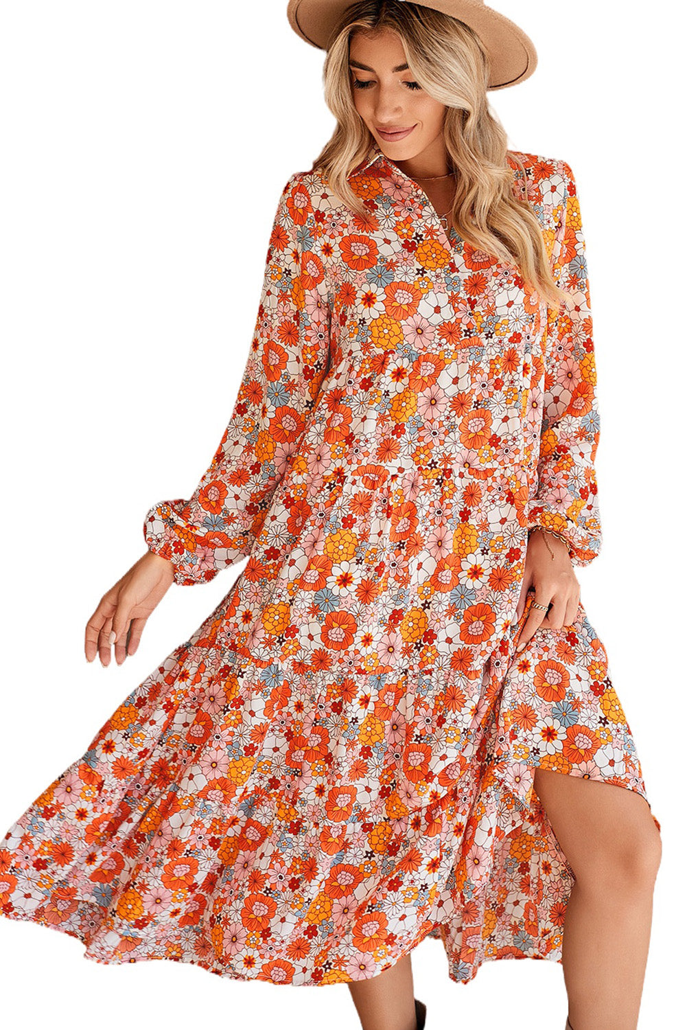 Boho Floral Collared Long Sleeve Dress