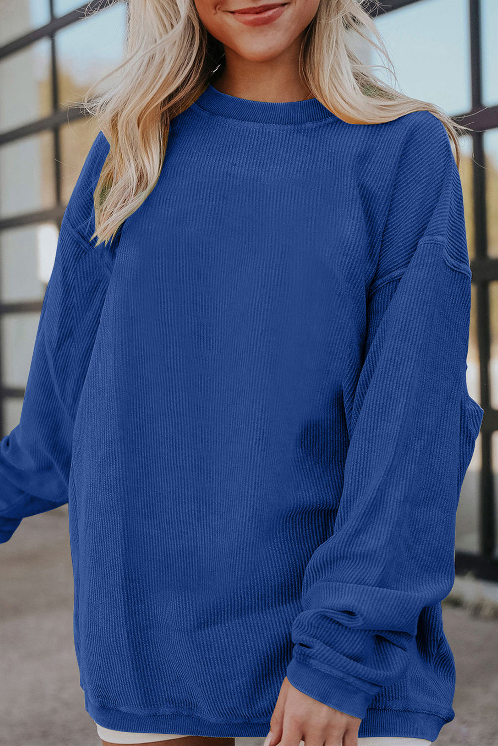 Plain Drop Sleeve Crinkle Rib Oversized Sweatshirt