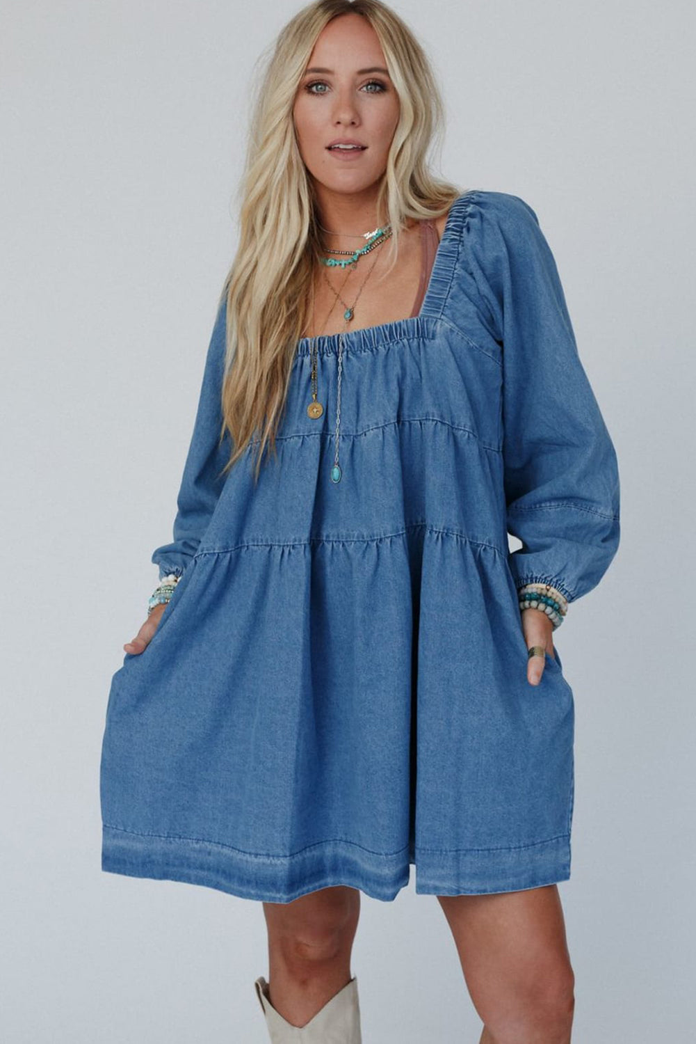 Side Pockets Loose Fit Denim Mini Dress