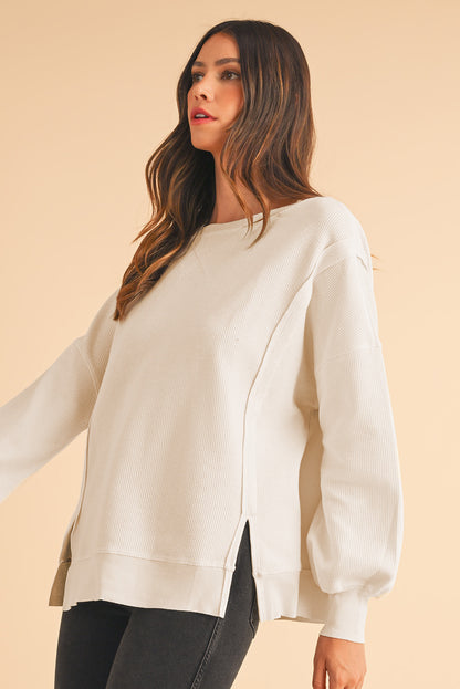 White Waffle Bishop Sleeve Split Oversized Sweatshirt