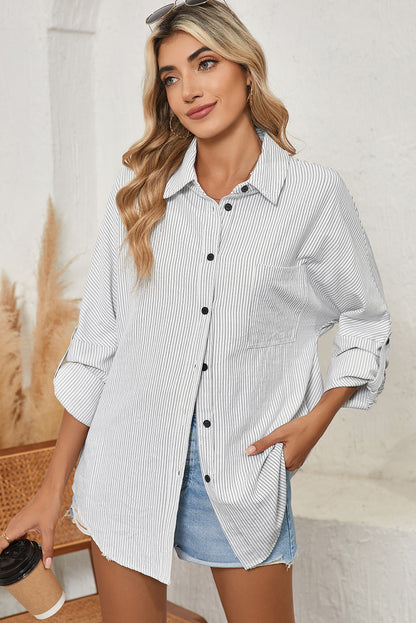 Sky Blue Stripe Roll Tab Sleeve Pocketed Tunic Shirt