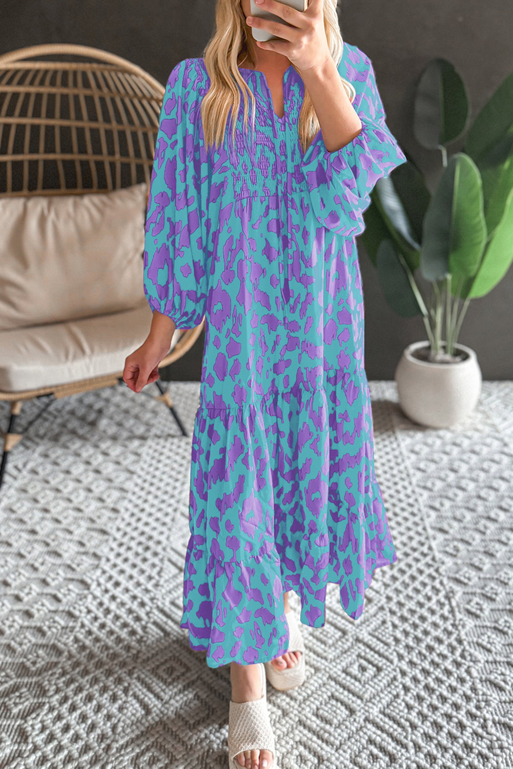 Abstract Print Puff Sleeve Smocked V Neck Maxi Dress