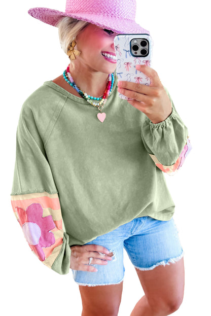 Flower Patchwork Exposed Seam Raglan Sleeve Top