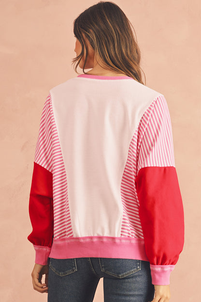 Rose Red Striped Patchwork Side Pocket Loose Sweatshirt