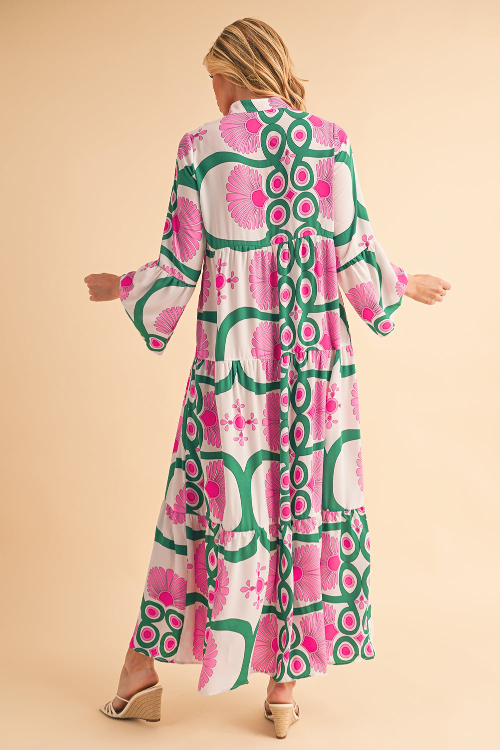 Boho Abstract Button V Neck Oversized Maxi Dress