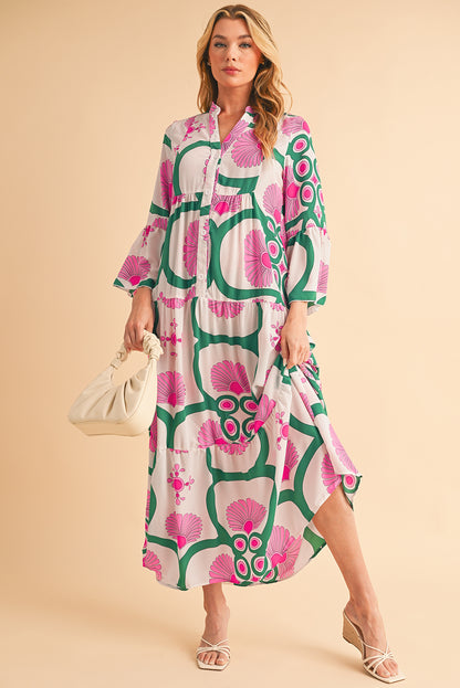 Boho Abstract Button V Neck Oversized Maxi Dress