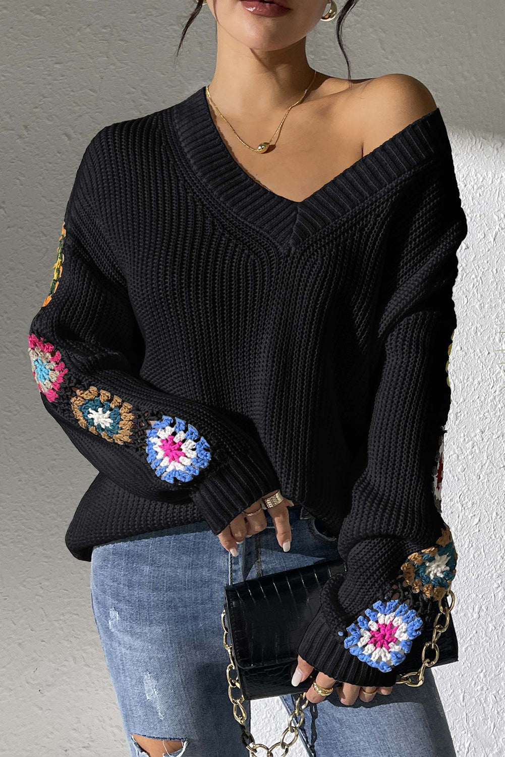 Black Crochet Flower Splicing V-Neck Pullover Sweater