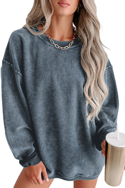 Ribbed Round Neck Drop Sleeve Pullover Sweatshirt