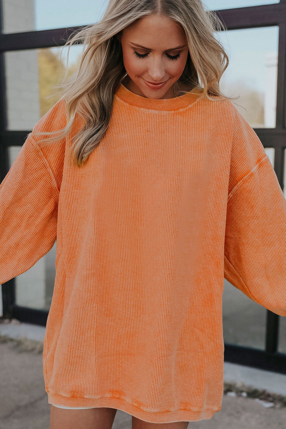 Plain Drop Sleeve Crinkle Rib Oversized Sweatshirt