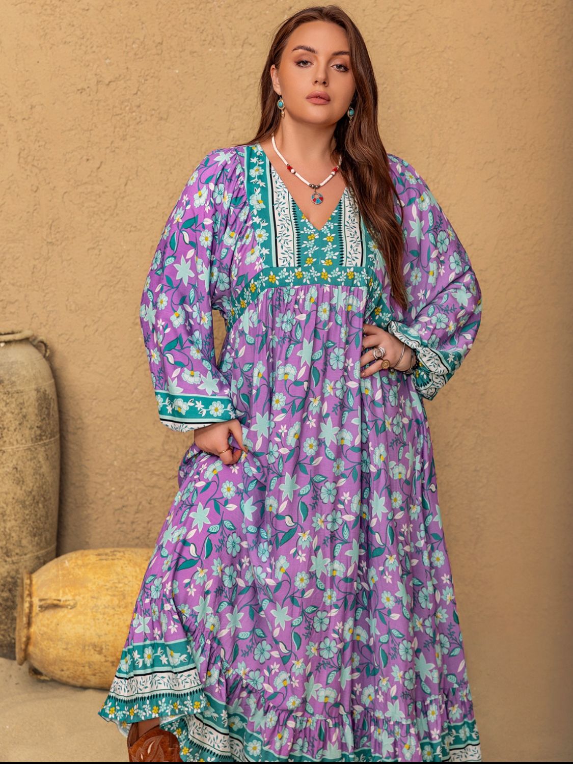 Plus Size Printed V-Neck Long Sleeve Maxi Dress