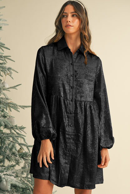 Metallic Sheen Puff Sleeve Button Up Mini Shirt Dress