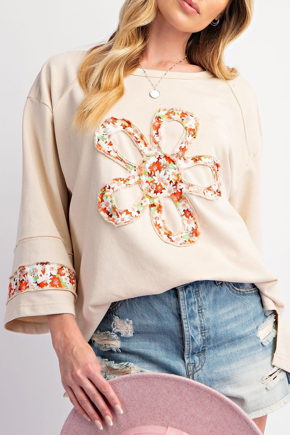 Beige Flower Patched Side Slits Plus Size Top