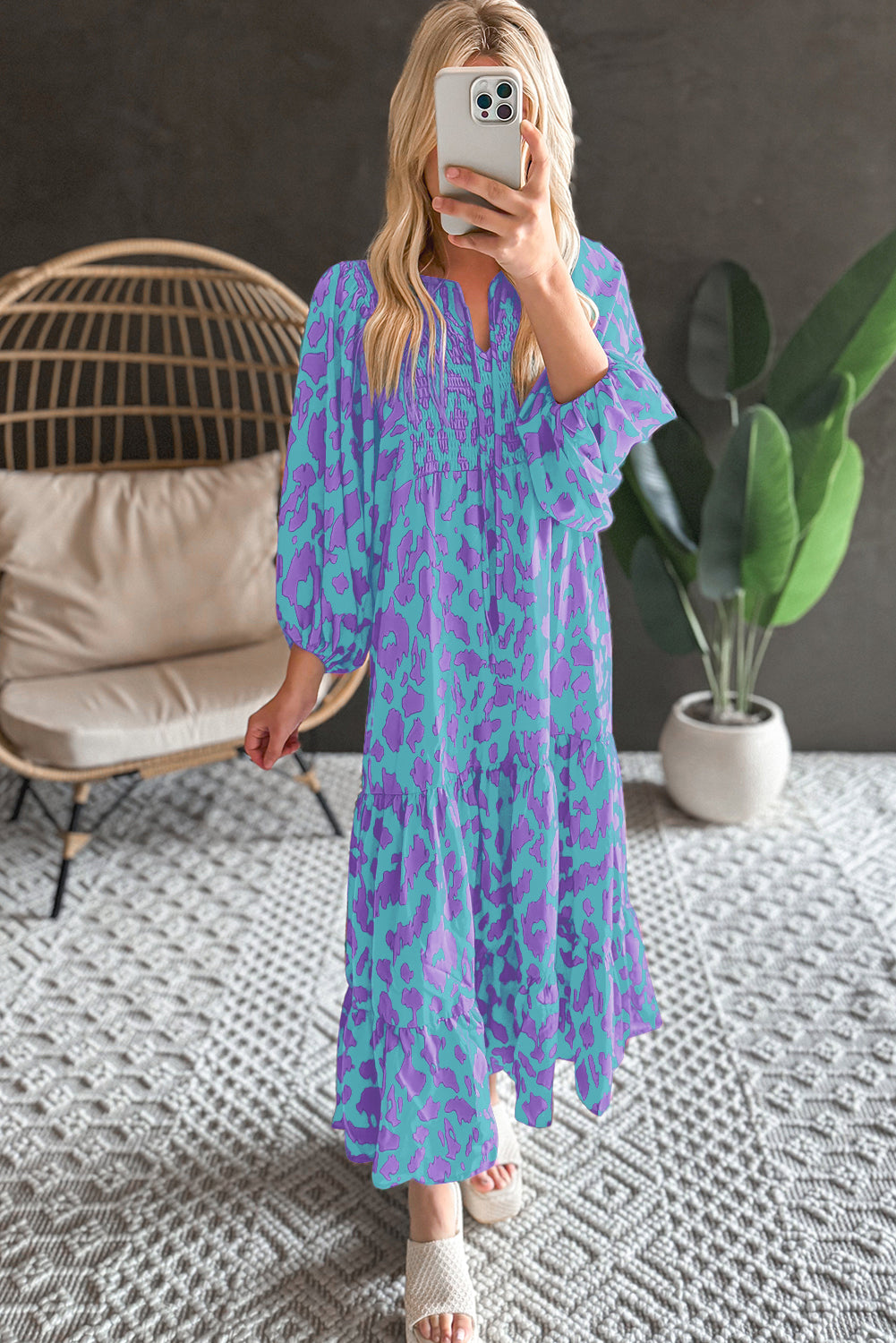 Abstract Print Puff Sleeve Smocked V Neck Maxi Dress